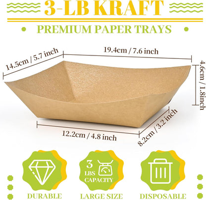 Ocmoiy 1lb Paper Food Trays, 100 Pack Heavy Duty Kraft Food Boats Holders Disposable Serving Basket Trays for Nachos, Fries, BBQ, Festivals, Party