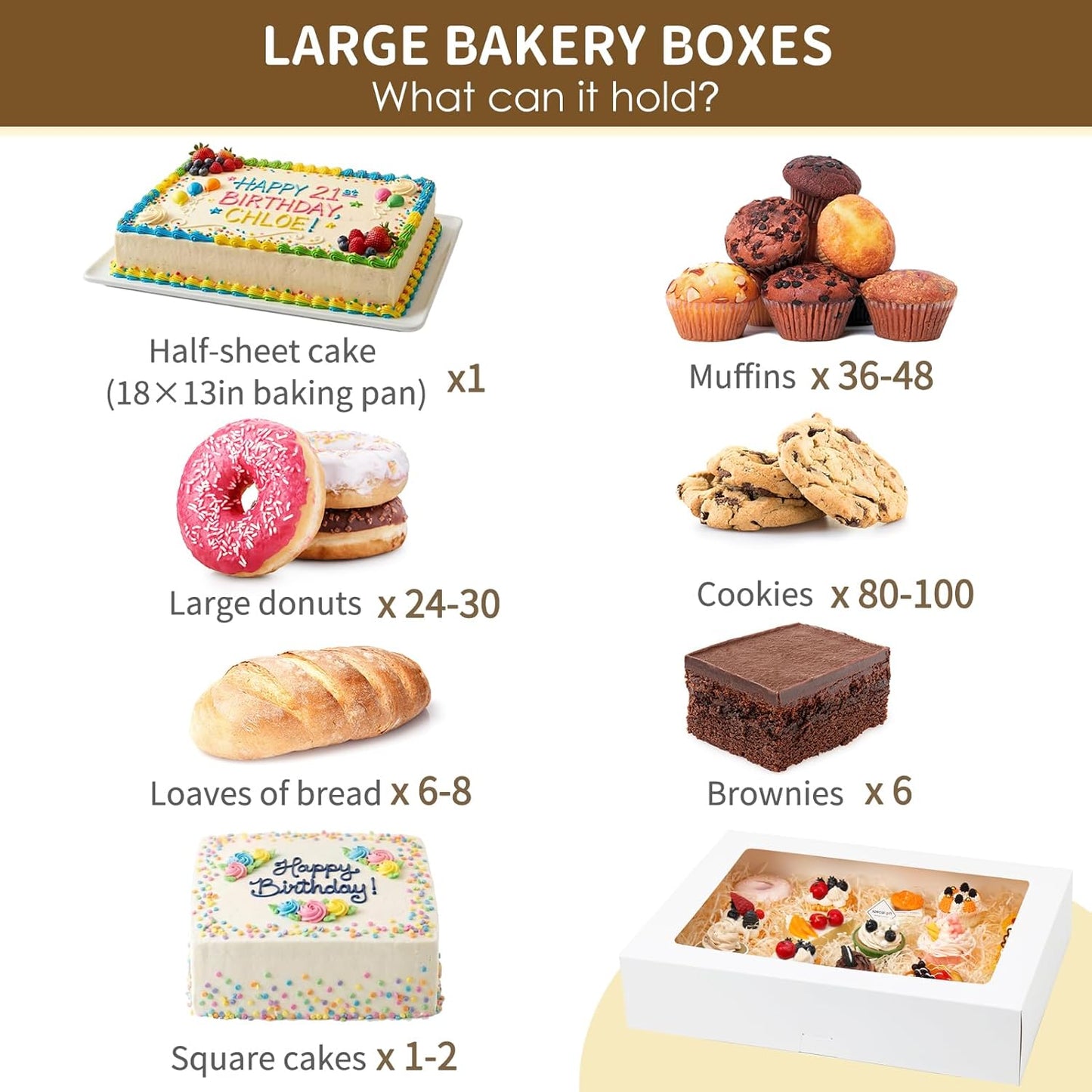 Moretoes 10pcs 19x14x4in Half Sheet Cake Boxes with Window, White Cookie Boxes, for Pastry Baking Cake Donuts Cupcake Pie Packaging