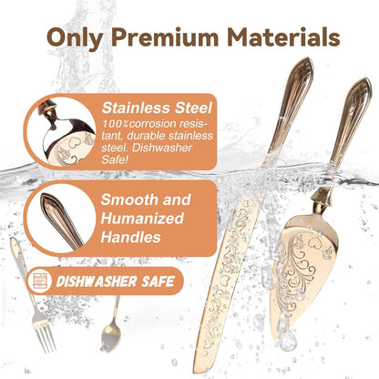 KSENDALO Wedding Cake Knife and Server Set, Rose Gold Serrated Knife Cake Cutting Set, Deluxe SUS304 Stainless Steel for Weddings, Birthdays & Anniversary (13.78inch Long)