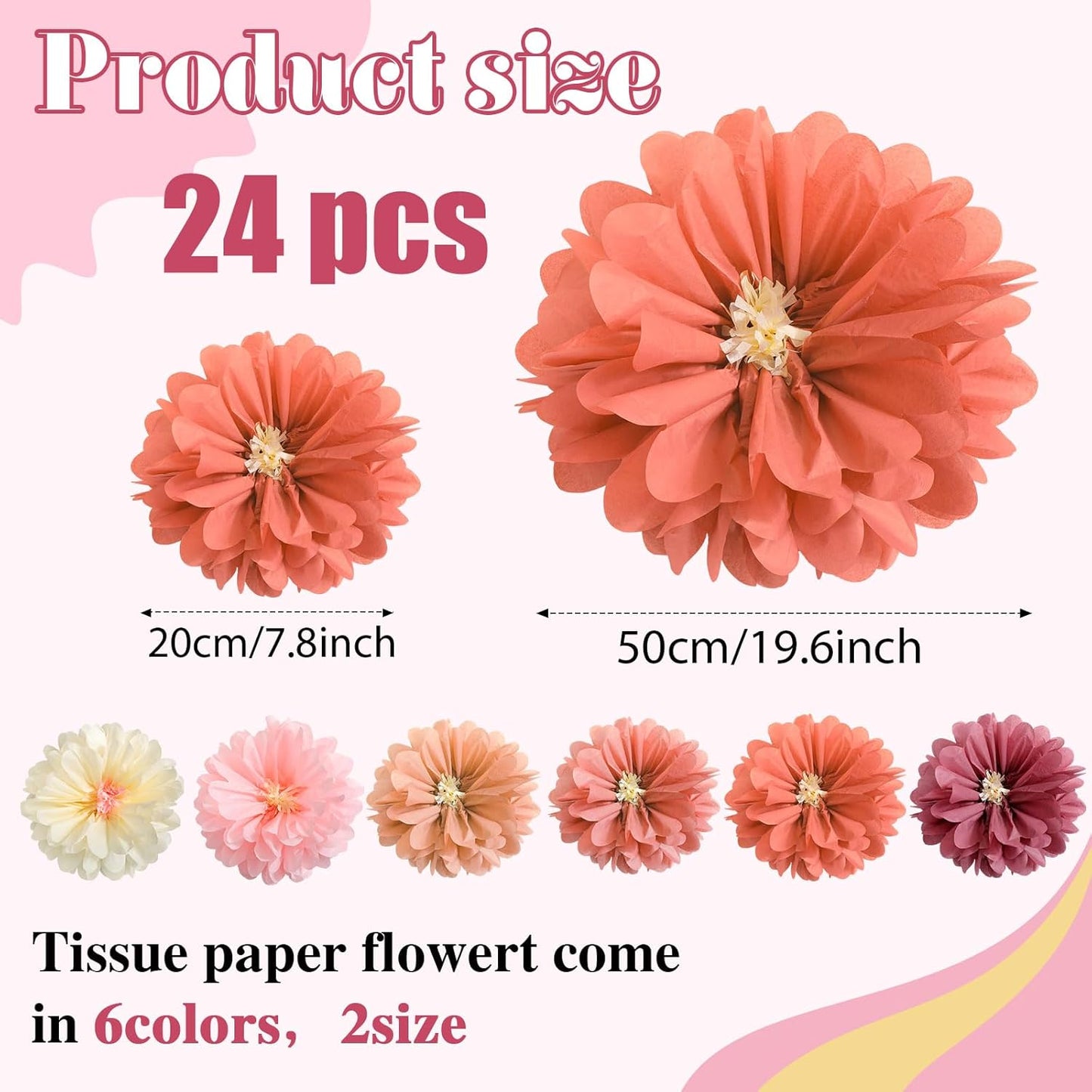 Watersay 12 Pcs 10" 20" Giant Mexican Fiesta Paper Flowers Colorful Tissue Crepe Flowers Pom Poms Craft for Floral Party Backdrop Wedding Birthday Party (Dusty Color)