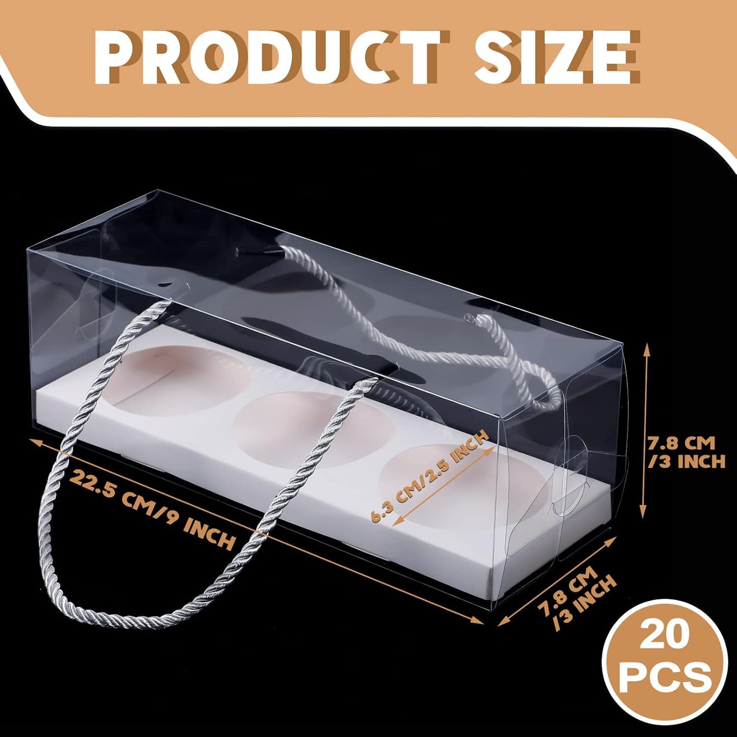 Thenshop 20 Pcs 9 x 3 x 3 Inch Clear Cupcake Boxes with Handle and Inserts 3 Count Portable Pastry Packaging for Cupcakes Carrier Muffin Bakery Containers Mothers Day Wedding Party(Brown)