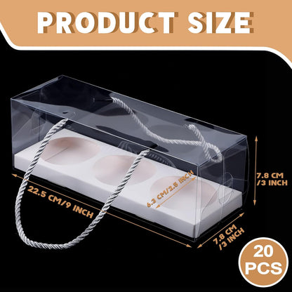 Thenshop 20 Pcs 9 x 3 x 3 Inch Clear Cupcake Boxes with Handle and Inserts 3 Count Portable Pastry Packaging for Cupcakes Carrier Muffin Bakery Containers Mothers Day Wedding Party(Brown)
