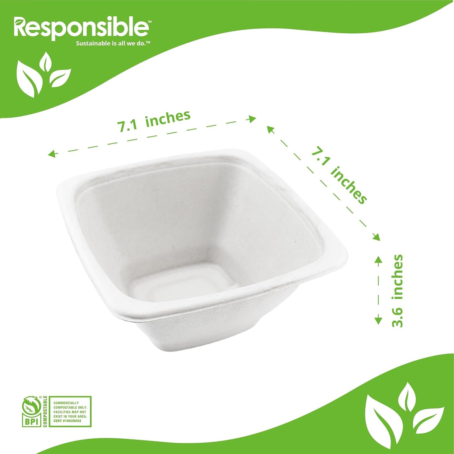 Responsible Products 100% Compostable Square Serving Bowls, 48 oz Disposable Paper Bowls, Microwave Safe, Freezer Safe, Soup Safe, No Plastic, Eco-Friendly, Tree-Free, No PFAS. White (50 Count)