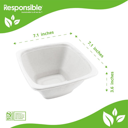 Responsible Products 100% Compostable Square Serving Bowls, 48 oz Disposable Paper Bowls, Microwave Safe, Freezer Safe, Soup Safe, No Plastic, Eco-Friendly, Tree-Free, No PFAS. White (50 Count)