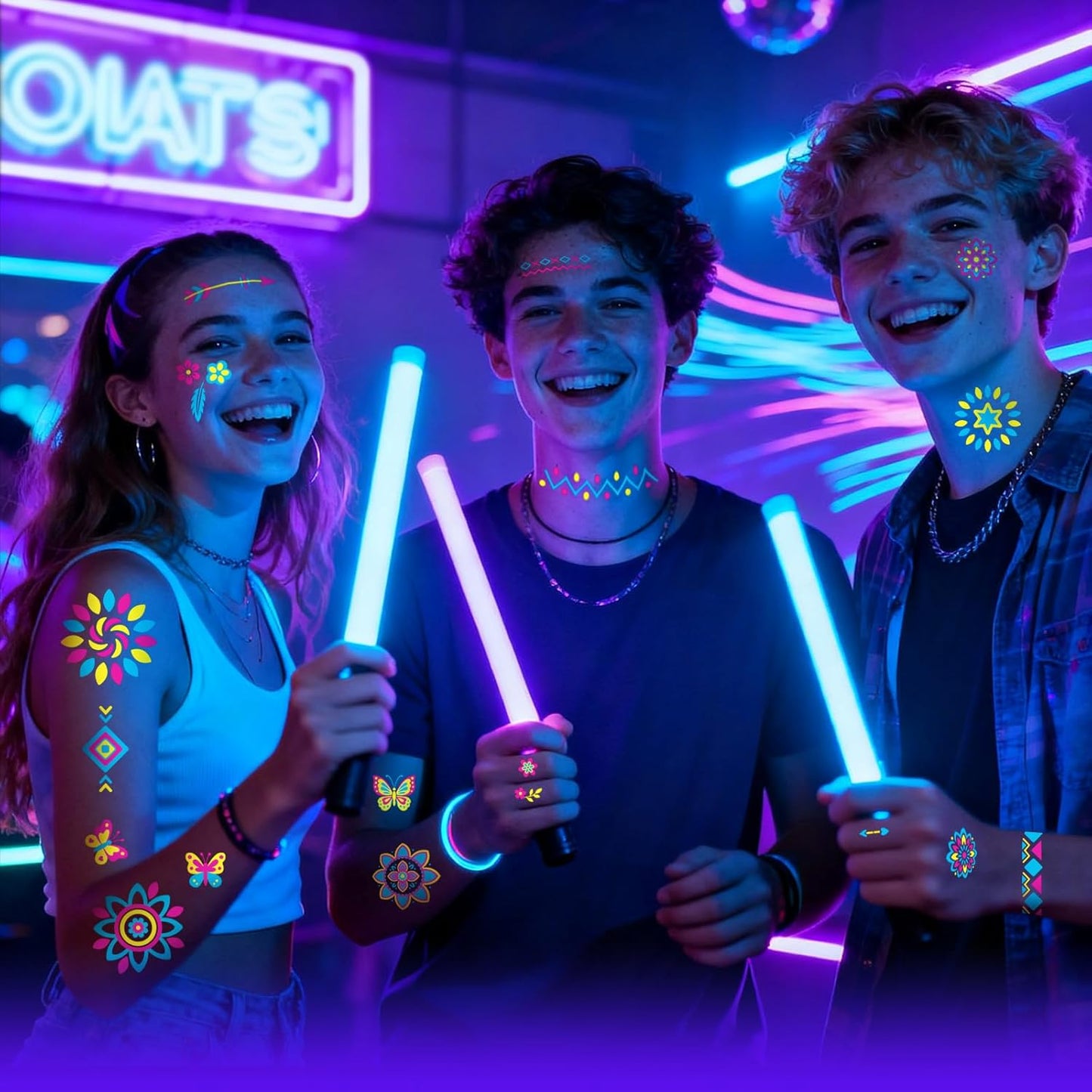 Glow in the Dark Tattoos 256+ PCS – Luminous Party Supplies Neon Body Paint UV Face Temporary Tattoos for Adults Teens, 32 Sheets Neon Accessories Carnival Raves Party Favors & Decorations