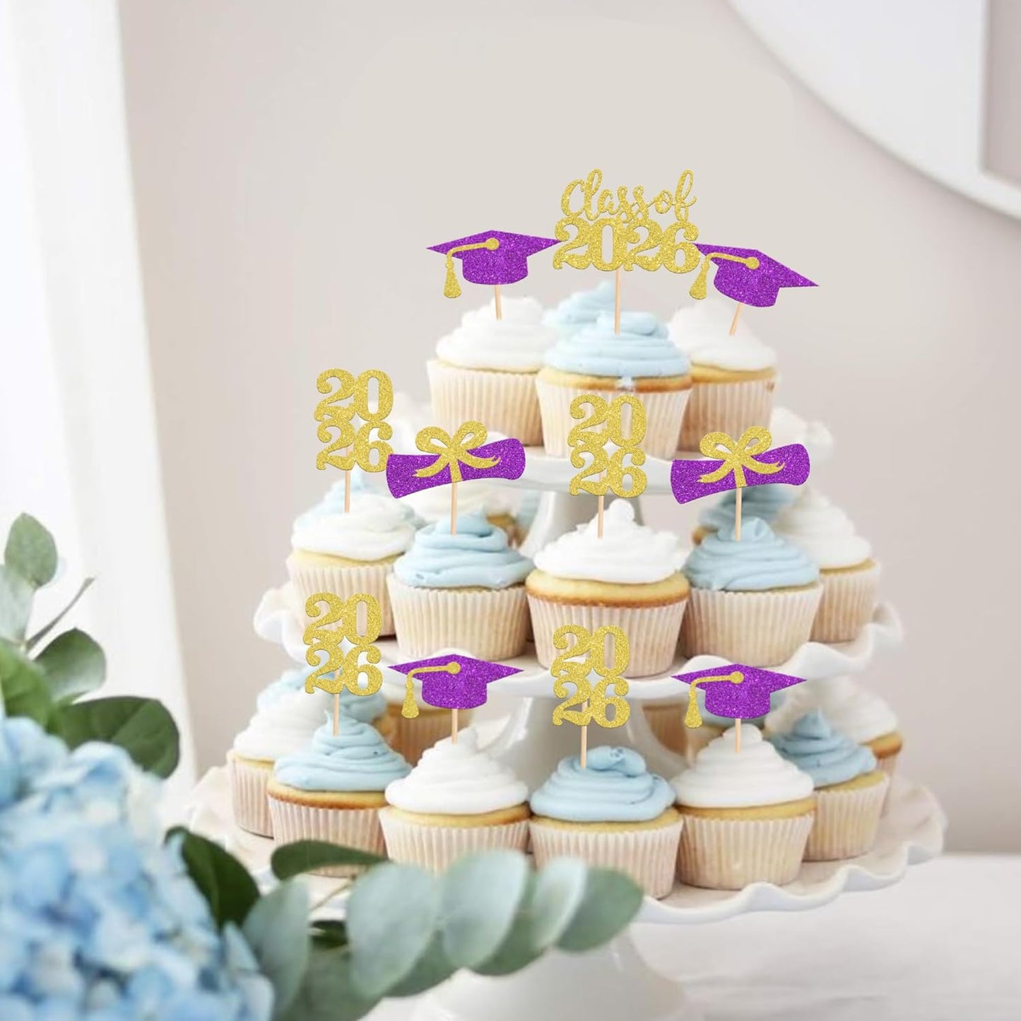 36 PCS 2026 Graduation Theme Cupcake Toppers Glitter Class of 2026 Grad Cap Diploma Cupcake Picks 2026 Graduation Theme Party Cake Decorations Supplies Deep Blue
