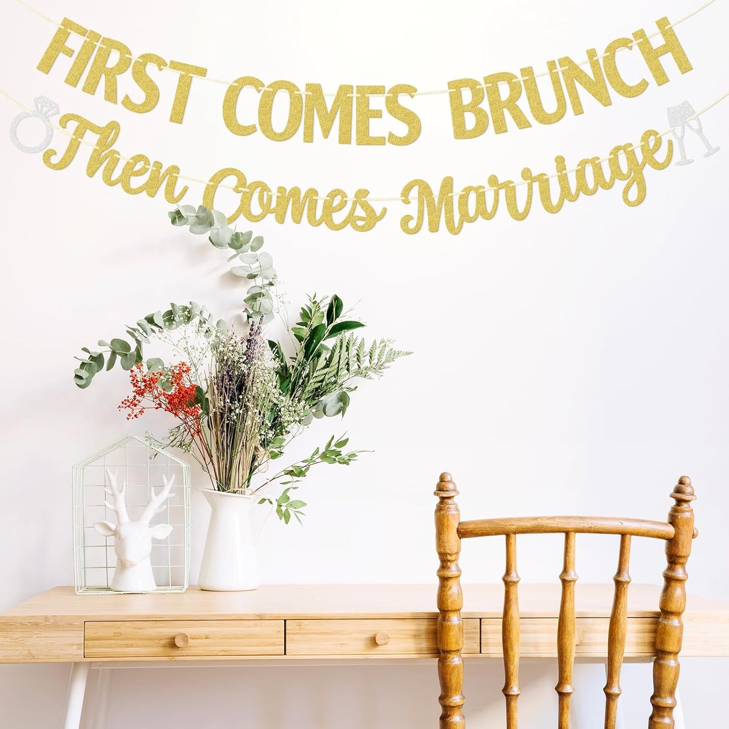 First Comes Brunch Then Comes Marriage Banner - Wedding Party Decorations - Bridal Brunch Welcome Sign Decor - Engagement Banner - Gold Glitter