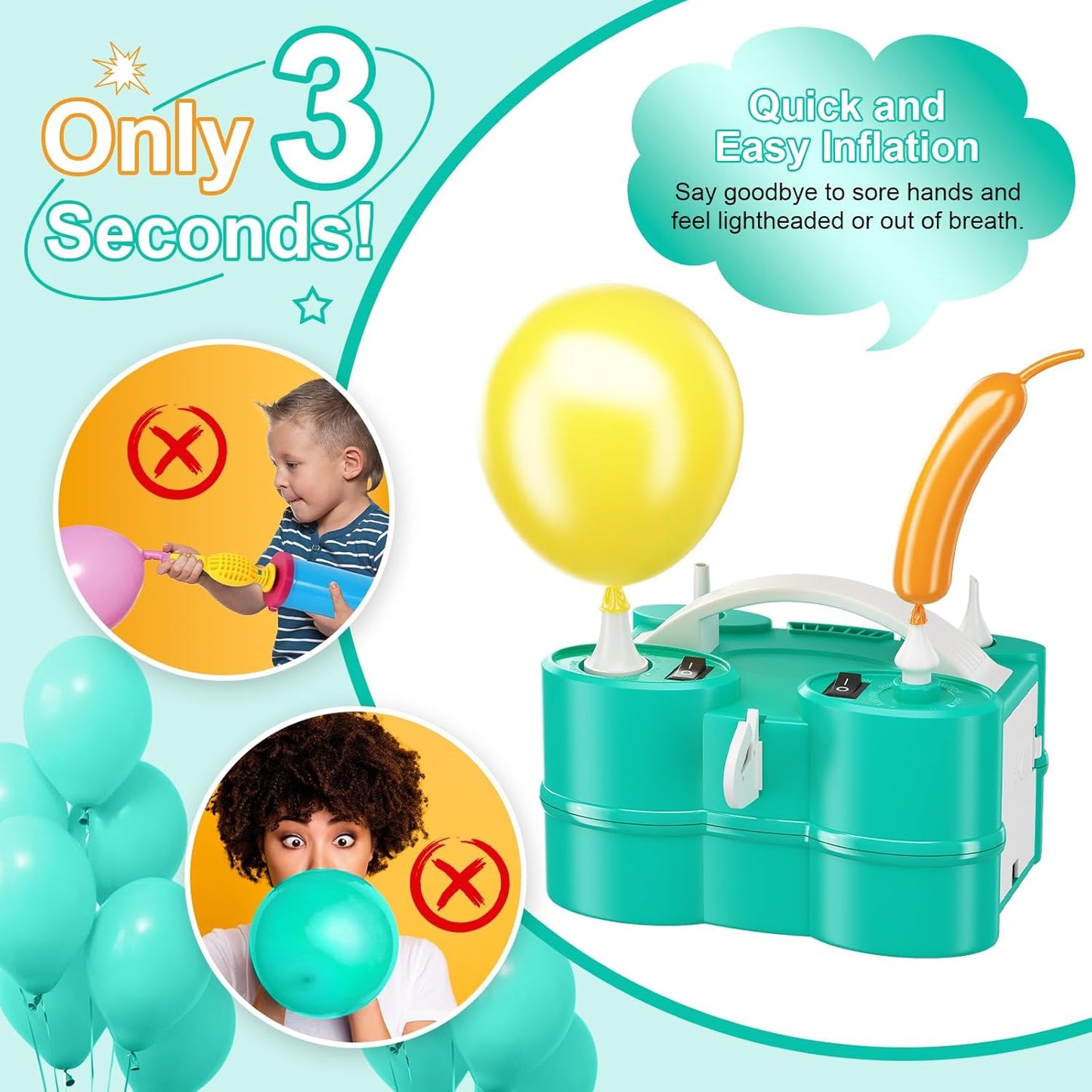 Electric Balloon Pump, Dagelar 3-in-1 Air Pump for Inflatables and Balloons, Portable Balloon Pump for Latex 260Q Long Foil Balloons, 110V Dual Nozzle Inflator Deflator for Pool Floats Air Beds (Teal)