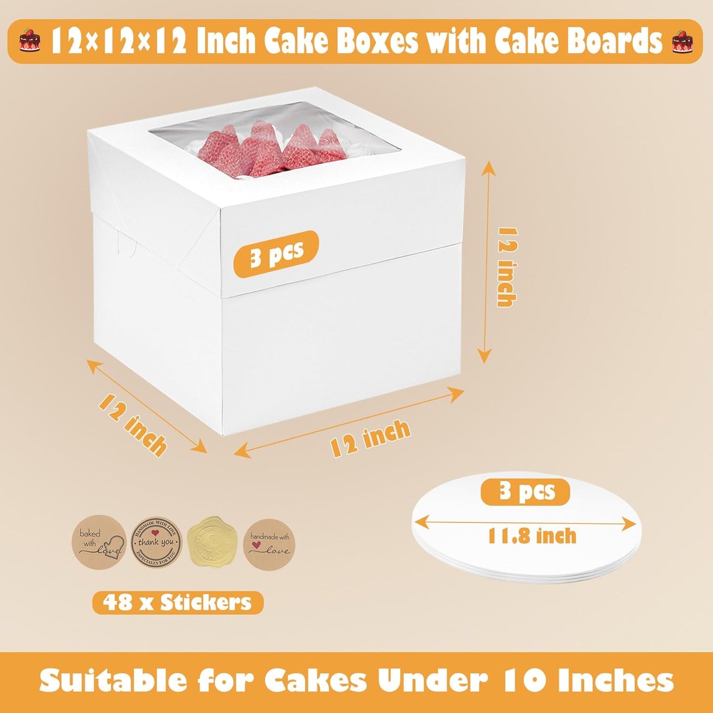 12x12x12 Inches Cake Boxes with Cake Boards, 3 Pack Premium Tall Cheesecake Boxes with Display Window for Christmas, Birthday, Wedding