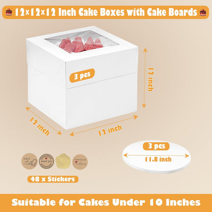 12x12x12 Inches Cake Boxes with Cake Boards, 3 Pack Premium Tall Cheesecake Boxes with Display Window for Christmas, Birthday, Wedding