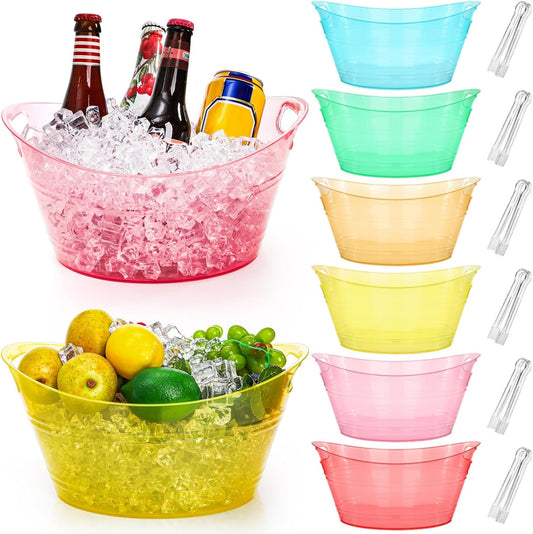 ZAVOOS 6 Pack Plastic Ice Bucket, 4.5 Liter Small Champagne Bucket with Tongs Handle, Colorful Oval Storage Tub Drink Buckets Bulk for Parties, Mimosa Bar, Cocktail Wine Beer Bottle Cooler, Multicolor