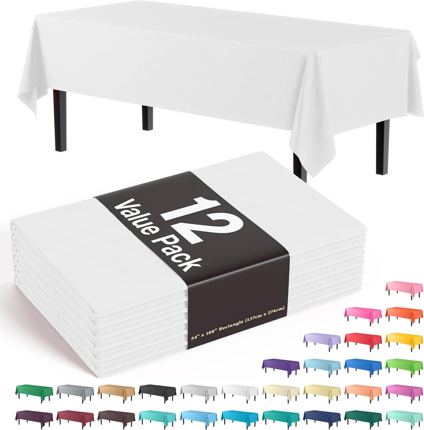 12-Pack Premium Plastic Tablecloth 54in. x 108in. Rectangle Table Cover - Dark Blue - Colors B