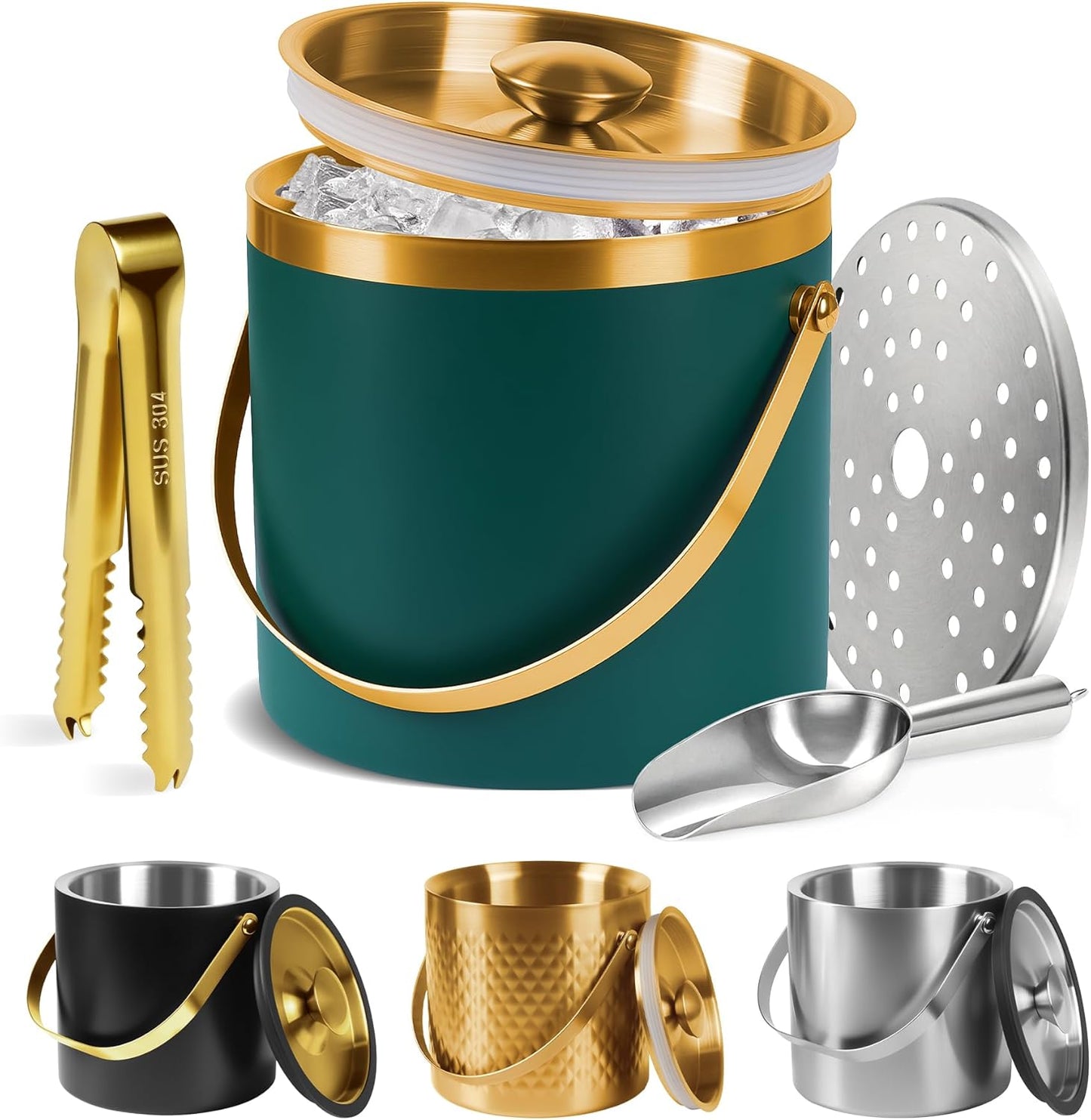 Ice Bucket, Ice Bucket with Silicone Sealing Ring Double-Wall Vacuum Insulation Champagne Buckets with Filter Layer Ice Tongs Ice Scoop (Gold, 3 L)