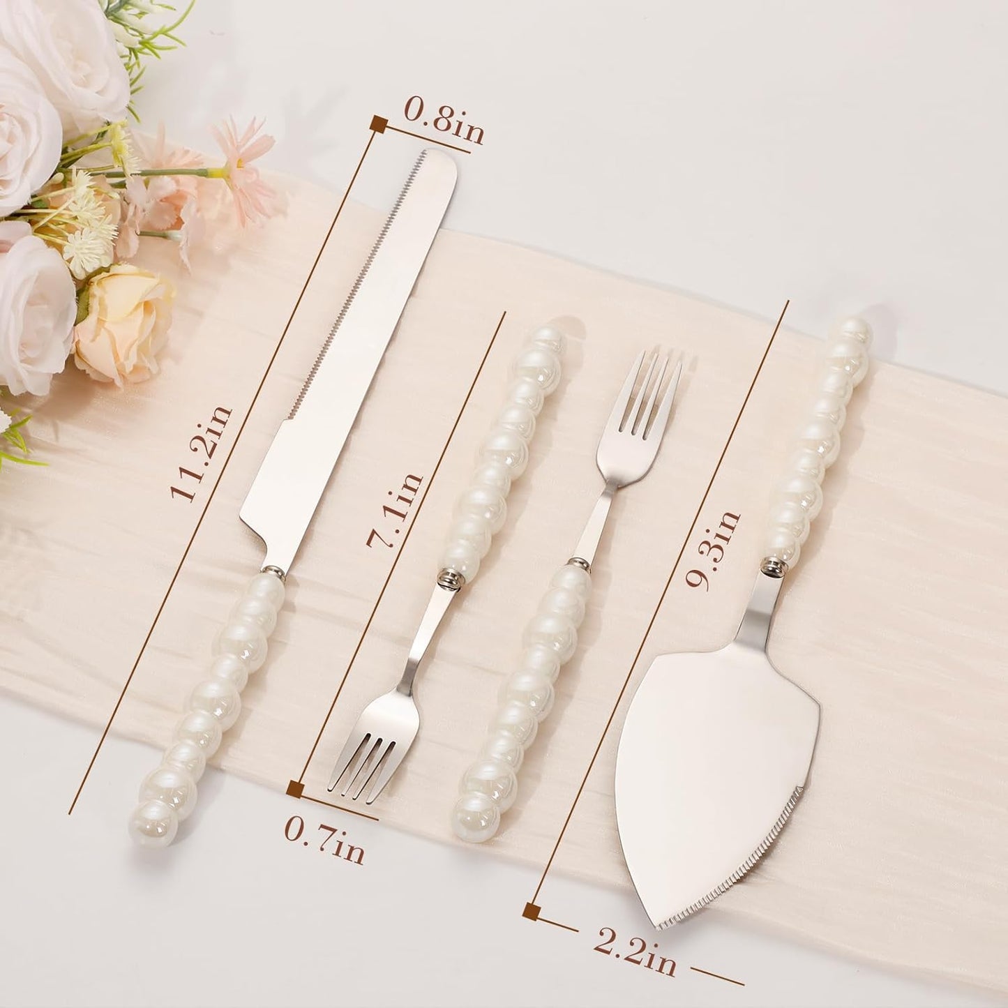 Pearl Wedding Cake Knife and Server Set with Forks, Cake Cutting Set with Stainless Steel Serrated Edges, Silver Pie Cutter Pizza Spatula, Gift for Bridal Couples Engagement (Mr & Mrs)