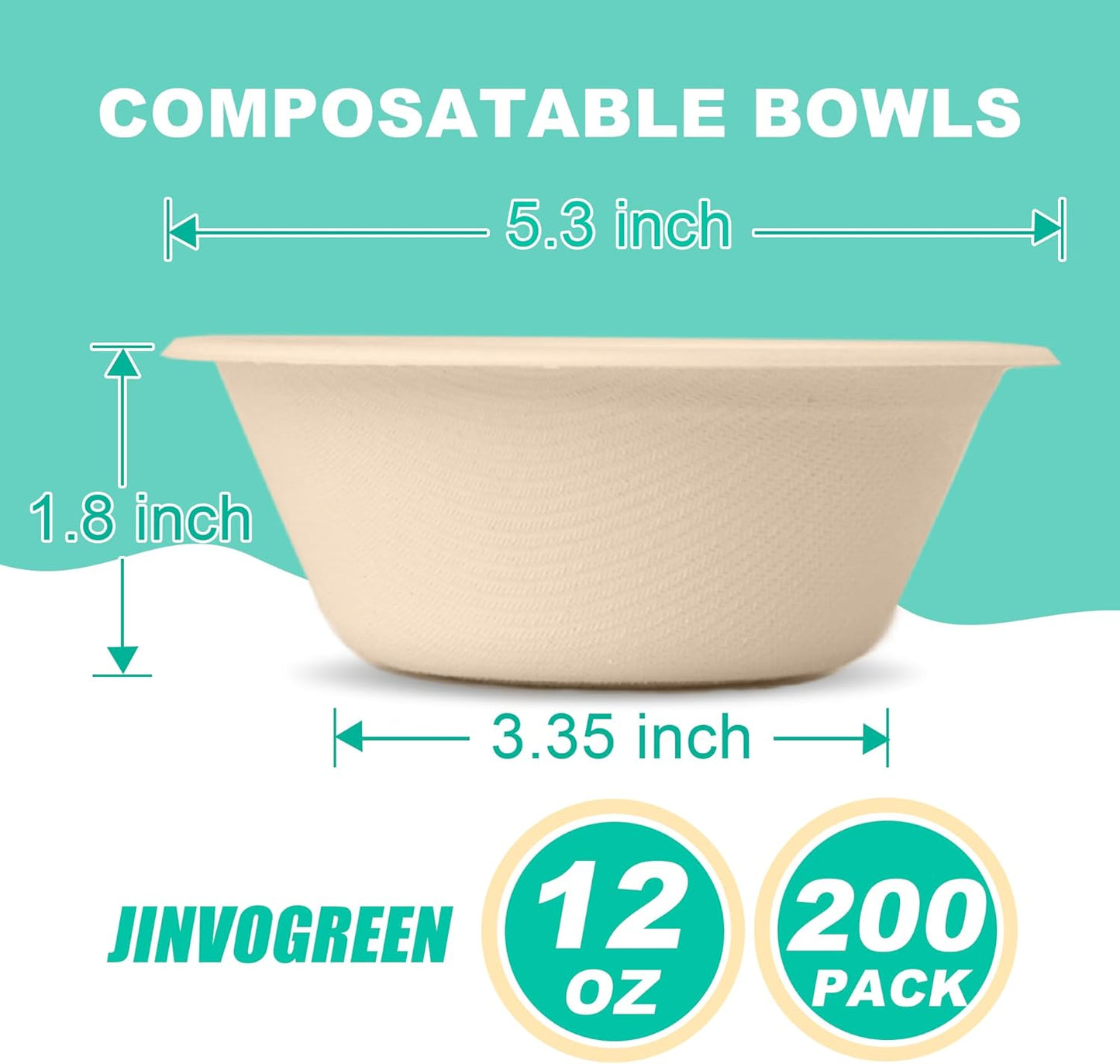 JINVOGREEN 200 Count 12 oz Paper Bowls, Disposable Compostable Bowls Bulk, Heavy Duty Biodegradable Bagasse Bowl for Snacks, Soup, and Salads, White