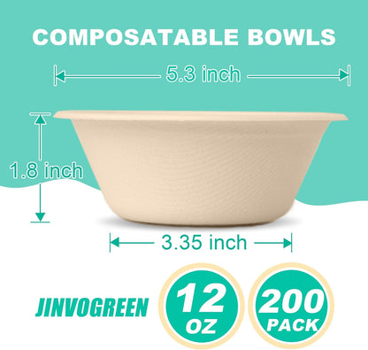 JINVOGREEN 200 Count 12 oz Paper Bowls, Disposable Compostable Bowls Bulk, Heavy Duty Biodegradable Bagasse Bowl for Snacks, Soup, and Salads, White