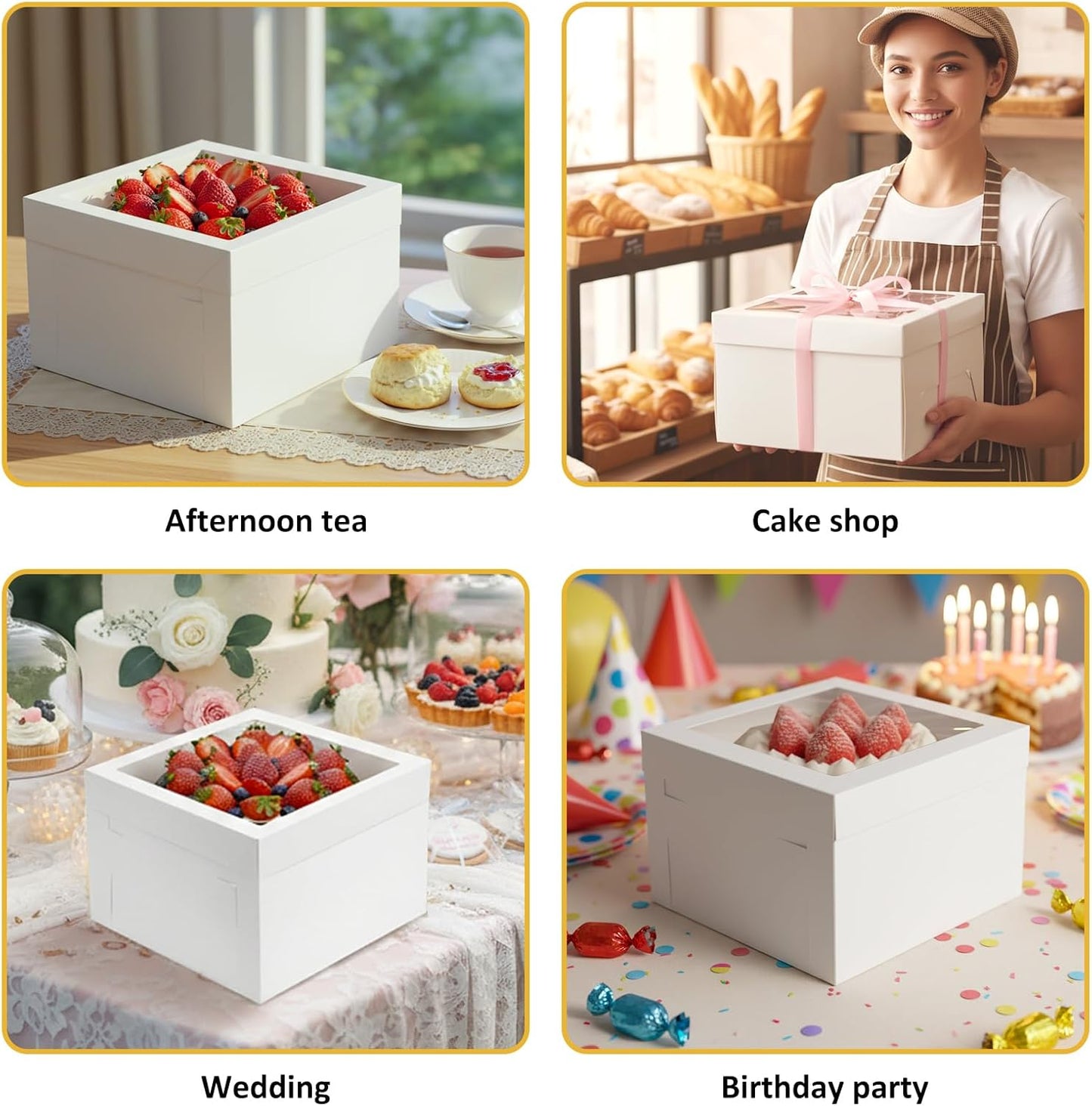 Moretoes 30pcs Cake Boxes 12x12x8 Inch, Bakery Containers with Large Window, 12 Inch White Cake Carrier, Disposable Boxes for Birthday, Party, Cupcake Cookie Pie Pastry