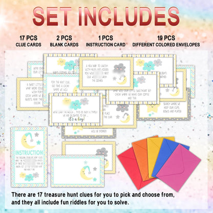 Birthday Treasure Hunt Clue Cards, Cake Scavenger Hunt Game, Set of 19 Cards and 18 Envelopes, Indoor Ourdoor Birthday Party Activities Celebration Game, Birthday Party Decorations - SR7