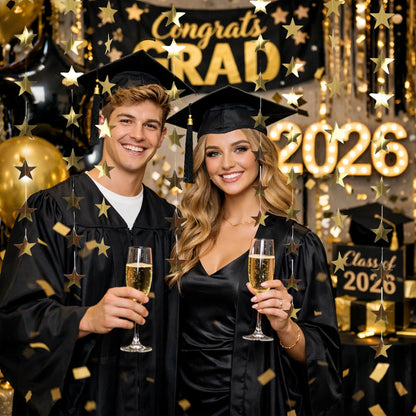 105Feet Gold Star Garland Party Banner for Graduation Decorations 2026 Class Grad Birthday Hanging- Golden Double Side Twinkle Paper Stars Streamers Backdrop for Wall Ceiling Decor, 8Pack