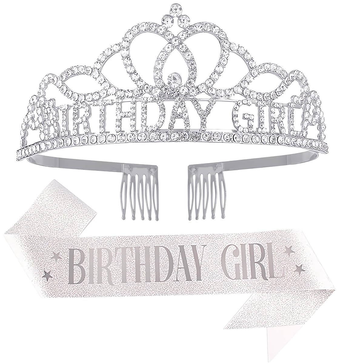 Birthday Tiara Crown with Sash for Women, Headband Hair Accessories for Wedding Party Costume