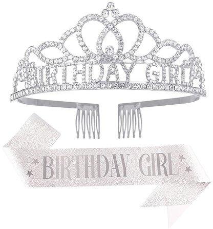 Birthday Tiara Crown with Sash for Women, Headband Hair Accessories for Wedding Party Costume
