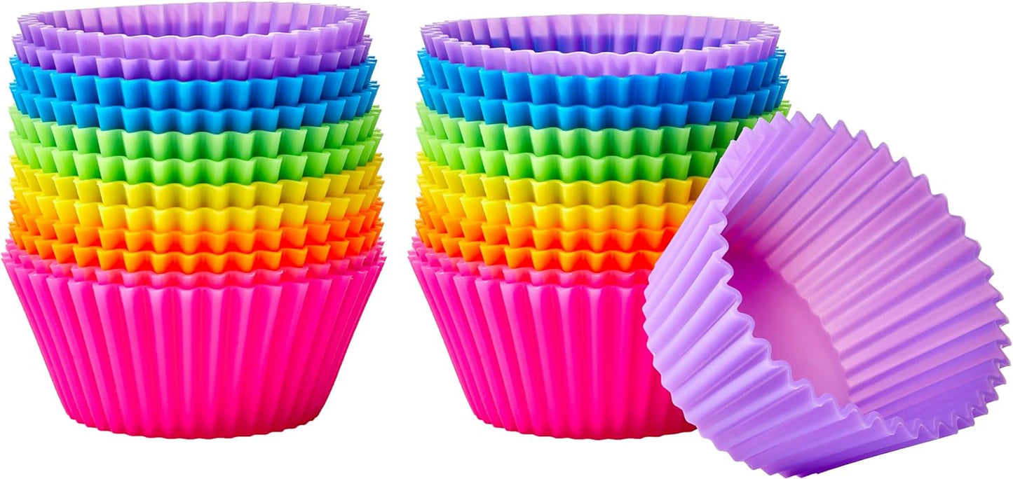 Amazon Basics Reusable Non-Stick Silicone Baking Cups, BPA Free, Muffin Liners, Dishwasher Safe, Microwave and Oven Safe, 2.9 x 2.9 x 1.3 in (LxWxH), Multicolor, 12-Pack