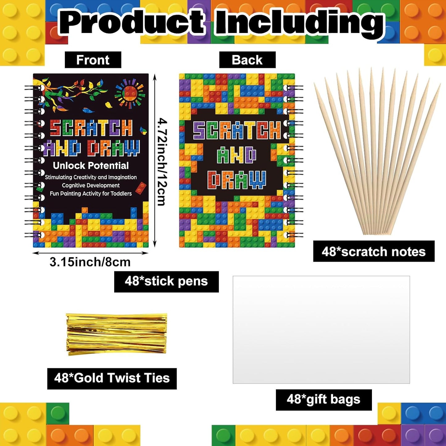 Pasimy 24 Set Scratch Art Party Favor Gifts Building Block Scratch Notebook Bulk Paper Craft for Classroom Prizes Goodie Bag Stuffer Christmas Birthday Party Favor