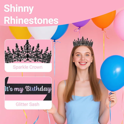 Birthday Tiara and Crown with Sash, Birthday Tiara for Women Party Silver
