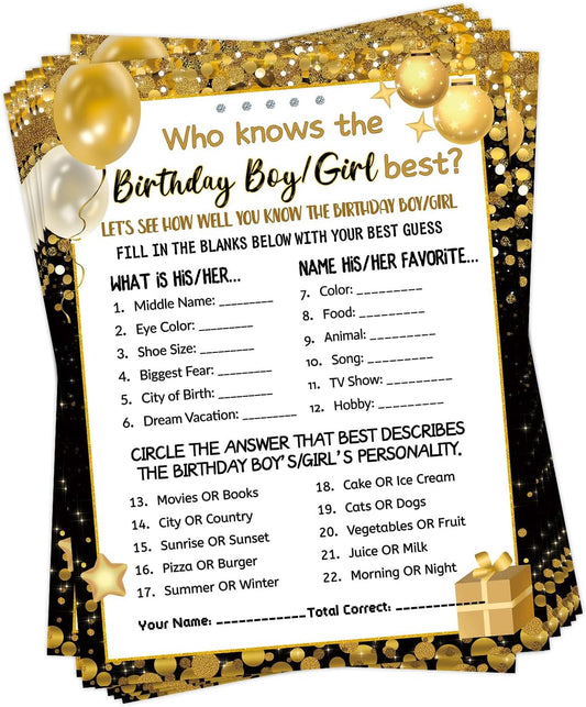 Who Knows The Birthday Boy Girl Best, Birthday Game Cards for Party Activities, Birthday Game Cards for Teens Kids Girls Boys Sleepover Party - Set of 30 (Black Gold, Double-Sided)