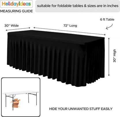 HolidayIdeas 2 Pack Spandex Table Skirt for 6 Ft Rectangle Tables, Black Fitted Stretch Tablecloth 30 x 72 Inch, Wrinkle Resistant Ruffle Design for Wedding Banquets, Trade Shows, Parties