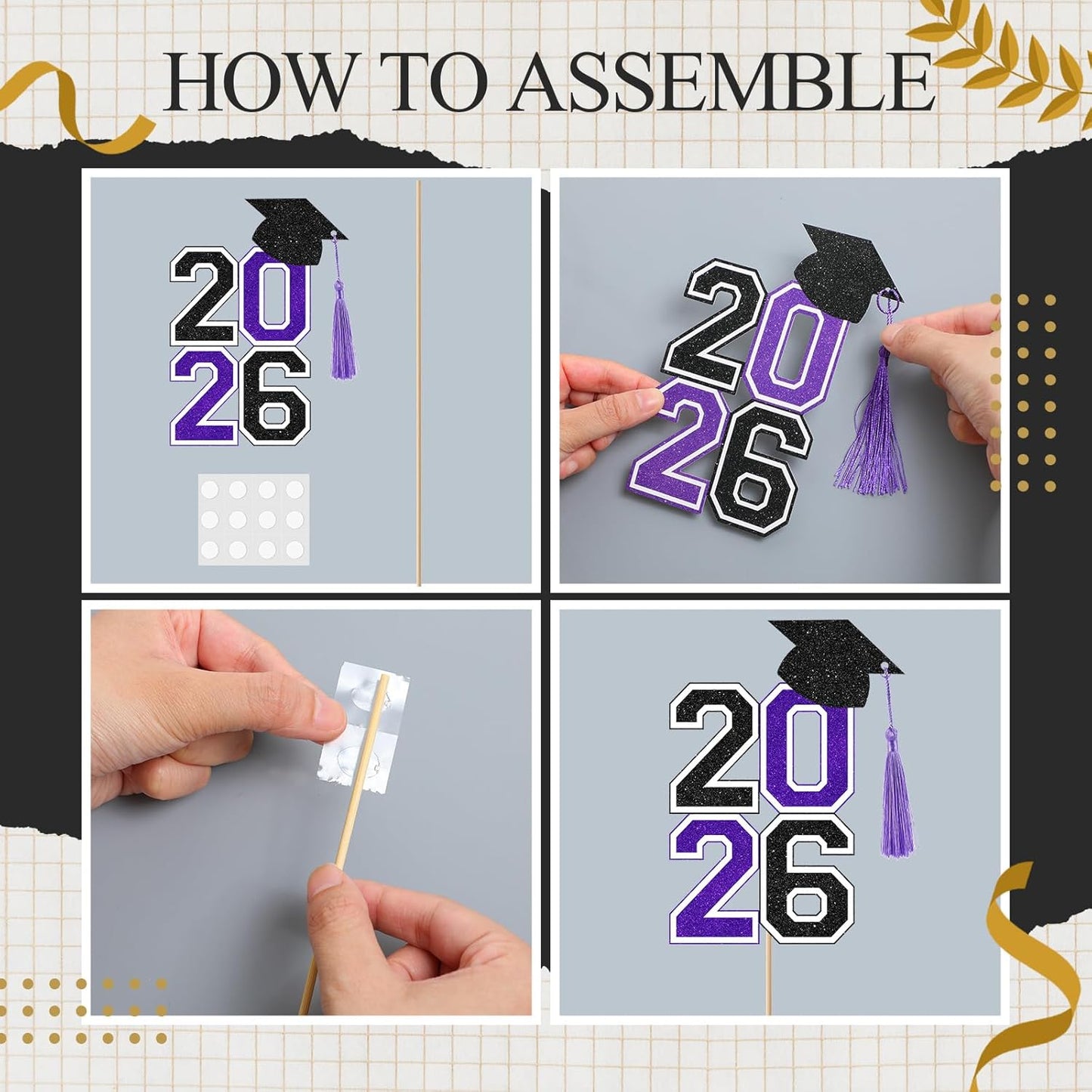 10 Pcs Graduation Table Centerpieces Sticks with Tassels, class of 2026 Grad Cap Picks Table Decoration Cupcake Toppers for Party Centerpiece Decoration Supplies(Blue and Gold)
