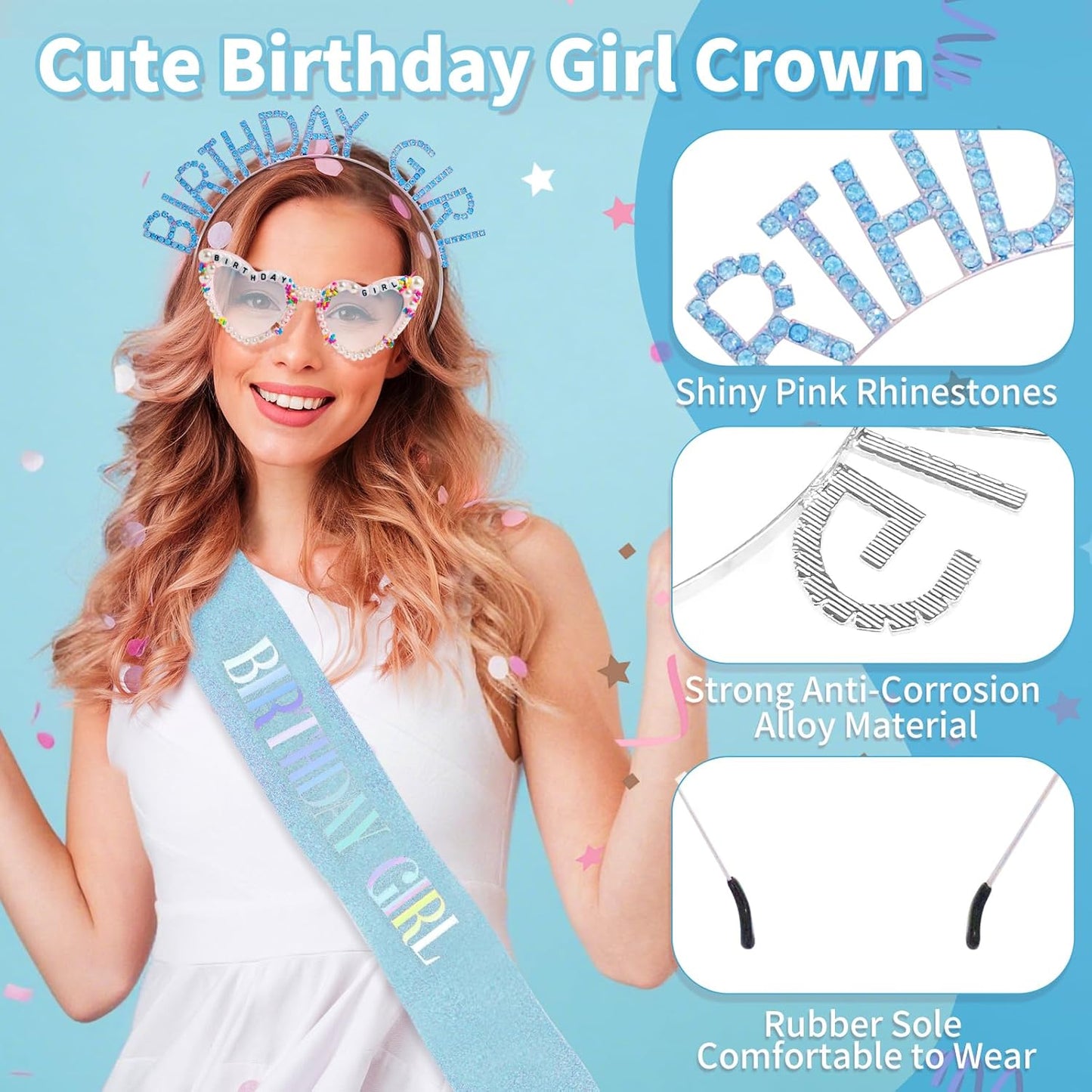 3Pcs Birthday Girl Sash Headband Set-Birthday Sash Tiara and Crown Sunglasses for Girls Women