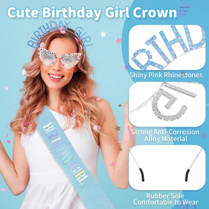 3Pcs Birthday Girl Sash Headband Set-Birthday Sash Tiara and Crown Sunglasses for Girls Women