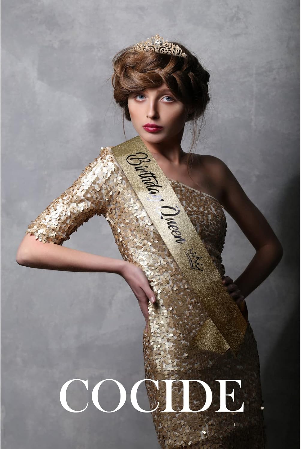 COCIDE Birthday Queen Sash & Rhinestone Tiara Set Gold Happy Birthday Crowns for Women Party Decoration Kit Rhinestone Headband for Women Glitter Crystal Hair Accessories for Cake Topper
