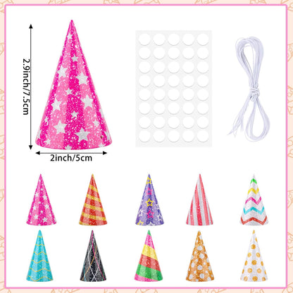 Hooqict 10 PCS Mini Party Hats for Stuffed Animals Kids Birthday Hats Glitter Paper Cake Cone Hats for Pet Birthday Baby Shower Party Supplies, Assorted