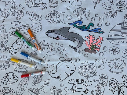 Animal Fun Design – Square Tablecloth 60”X60” – Interactive Coloring Tablecloth for Kids - Poly/Cotton Fabric – Washable and Reusable – DIY Activity for Children and Adults