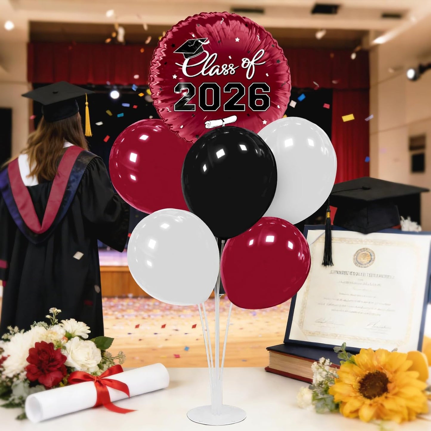 Graduation Decorations - 4 Set Balloon Stands, Class of 2026 Congrats Grad Table Centerpieces for Graduation Party Supplies(Gold& Black)