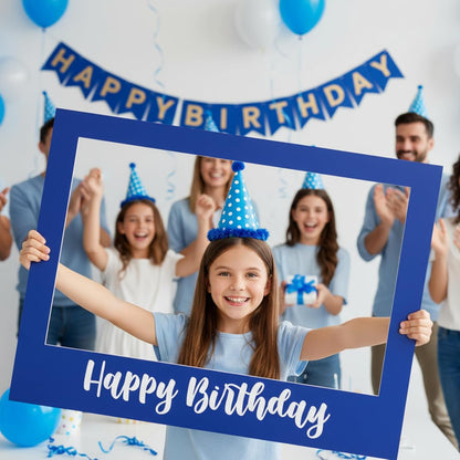 Beeveer 32 x 24 Inch Extra Large Happy Birthday Photo Booth Selfie Frame Props Picture DIY Cutouts Photo Backdrop Cardboard Props for Party Supplies Favors(Vertical,Shiny Gold)