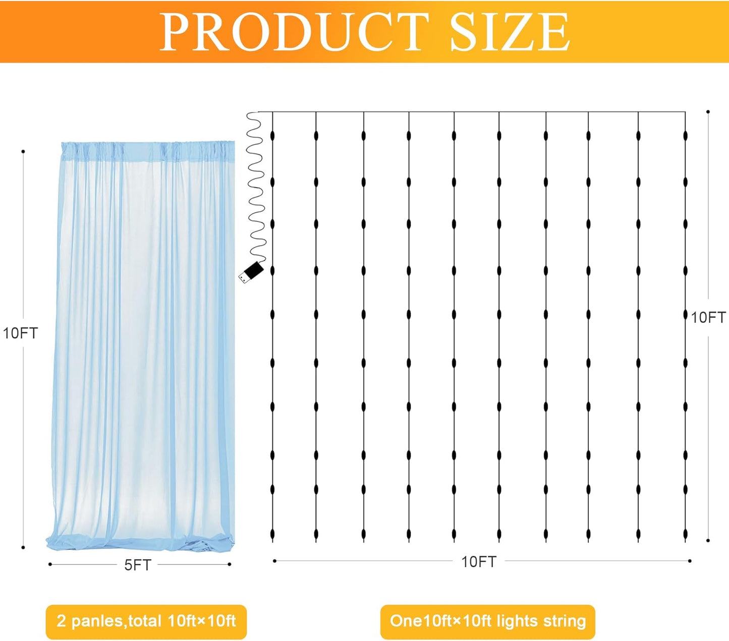 Fomcet Tulle Backdrop Curtains with Lights String White 10FT X 8FT Sheer Curtain with Lights Tulle Curtains Backdrop for Wedding Birthday Party Baby Shower Photo Shoot (2 Panels 5x8FT)