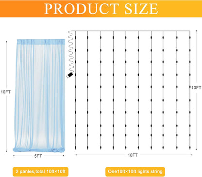 Fomcet Tulle Backdrop Curtains with Lights String White 10FT X 8FT Sheer Curtain with Lights Tulle Curtains Backdrop for Wedding Birthday Party Baby Shower Photo Shoot (2 Panels 5x8FT)