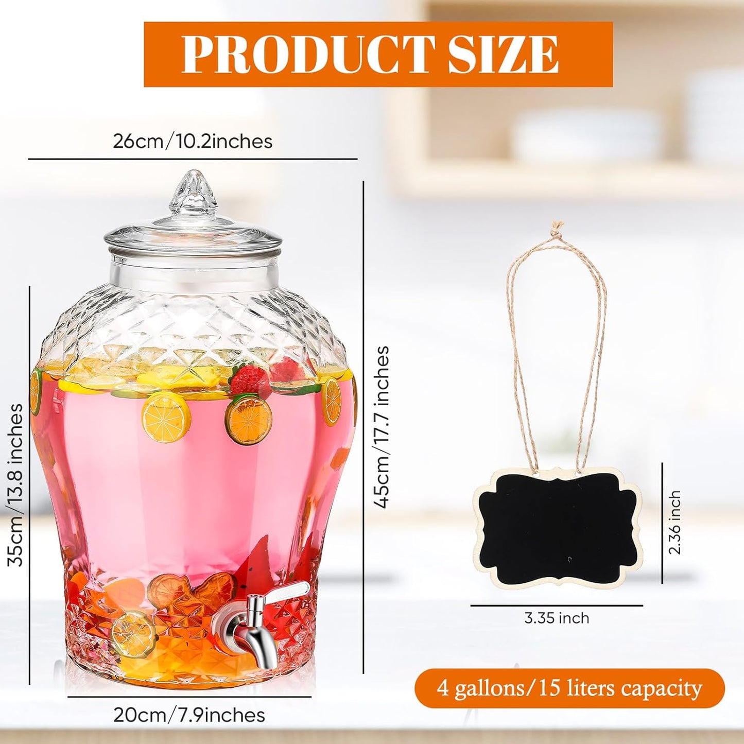 Baderke 5 Gallon Glass Drink Dispenser for Parties Beverage Dispensers Glass Water Dispenser with18/8 Stainless Steel Leakproof Spigot Hanging Chalkboard Signs Pen for Party Wedding (Fashion Style)