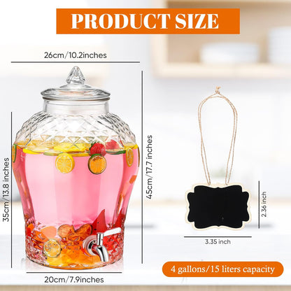 Baderke 5 Gallon Glass Drink Dispenser for Parties Beverage Dispensers Glass Water Dispenser with18/8 Stainless Steel Leakproof Spigot Hanging Chalkboard Signs Pen for Party Wedding (Fashion Style)