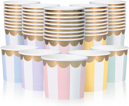 Confettiville Paper Ice Cream Cups, 50-Count 11-Oz Disposable Dessert Bowls for Hot or Cold Food, 11-Ounce Party Supplies Treat Cups, 5 Colors Pastel Stripes with Scalloped Gold Foil