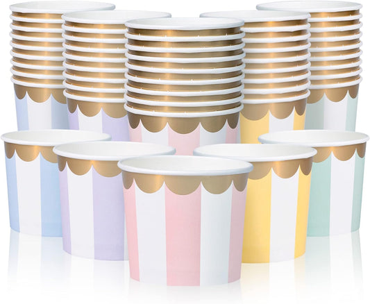 Confettiville Paper Ice Cream Cups, 50-Count 11-Oz Disposable Dessert Bowls for Hot or Cold Food, 11-Ounce Party Supplies Treat Cups, 5 Colors Pastel Stripes with Scalloped Gold Foil