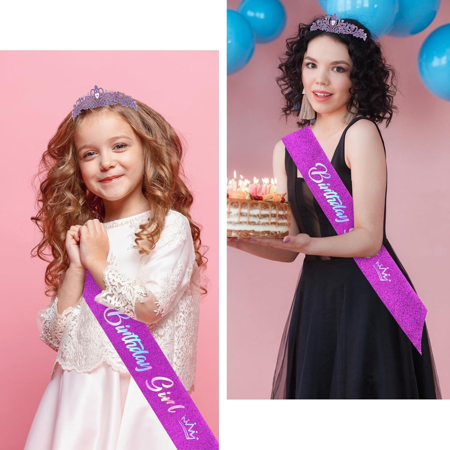 CIEHER Birthday Girl Crown and Sash - Rose Gold Tiara Birthday Decorations for Women and Girls