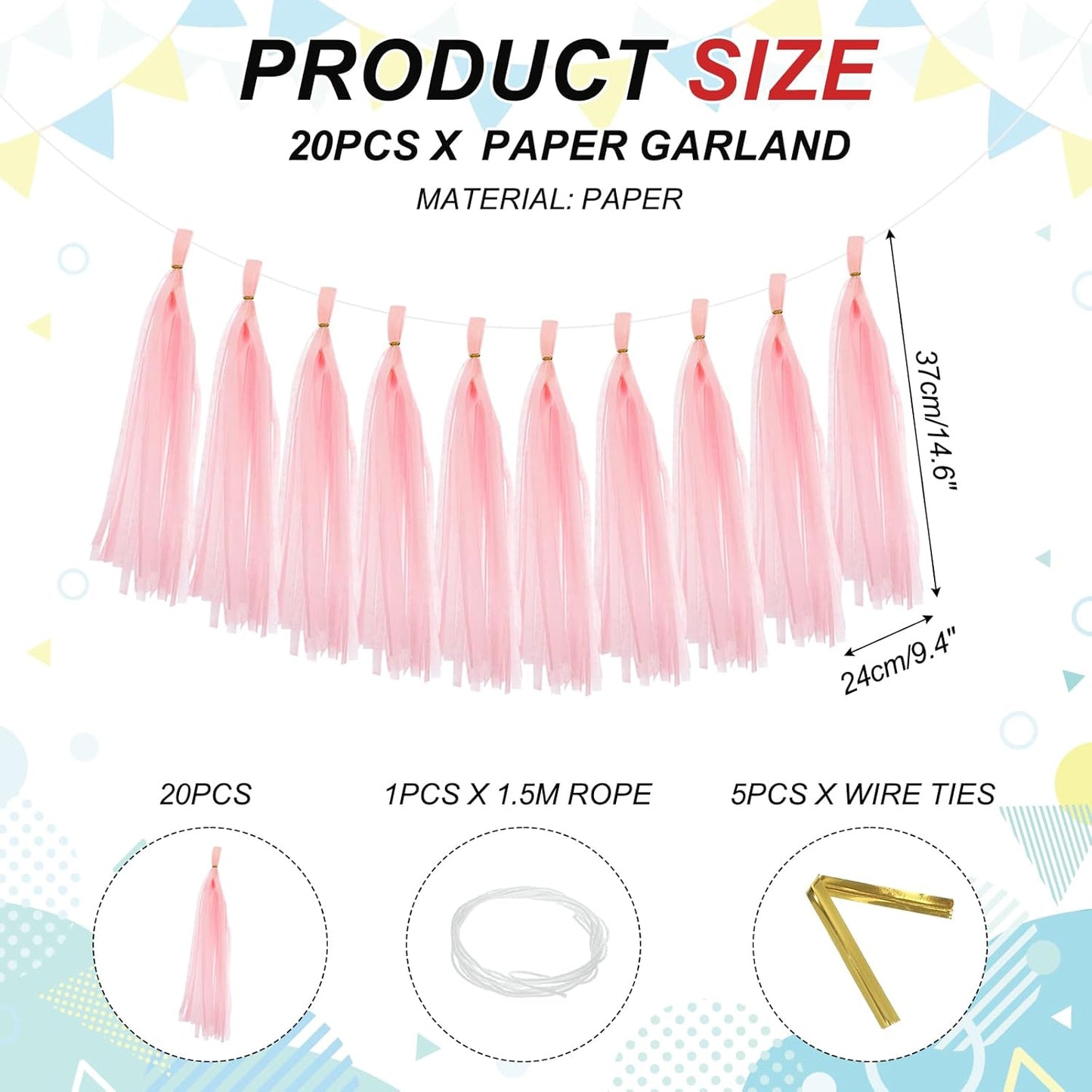 MECCANIXITY 20Pcs Tassel Garland Banner Tissue Paper for Streamers Party Decorations, Valentine's Day Birthday Decor for Women with Rope and Tie Wire (Pink, 14.6Inch)