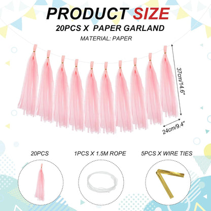 MECCANIXITY 20Pcs Tassel Garland Banner Tissue Paper for Streamers Party Decorations, Valentine's Day Birthday Decor for Women with Rope and Tie Wire (Pink, 14.6Inch)