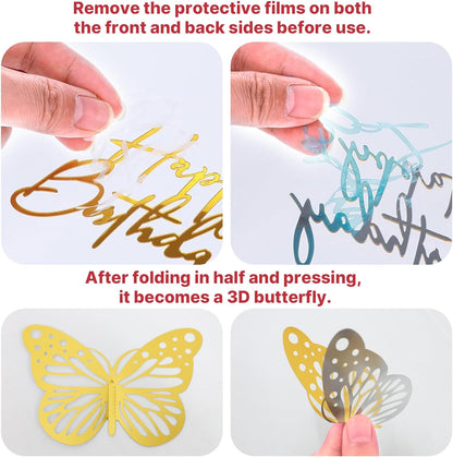 Crown Cake Topper, Balls Happy Birthday Cake Topper Pink Crown Birthday Candles Gold Butterflies, Corona Para Pastel, Cake Decorations for Birthday Wedding (Gold, Pink)
