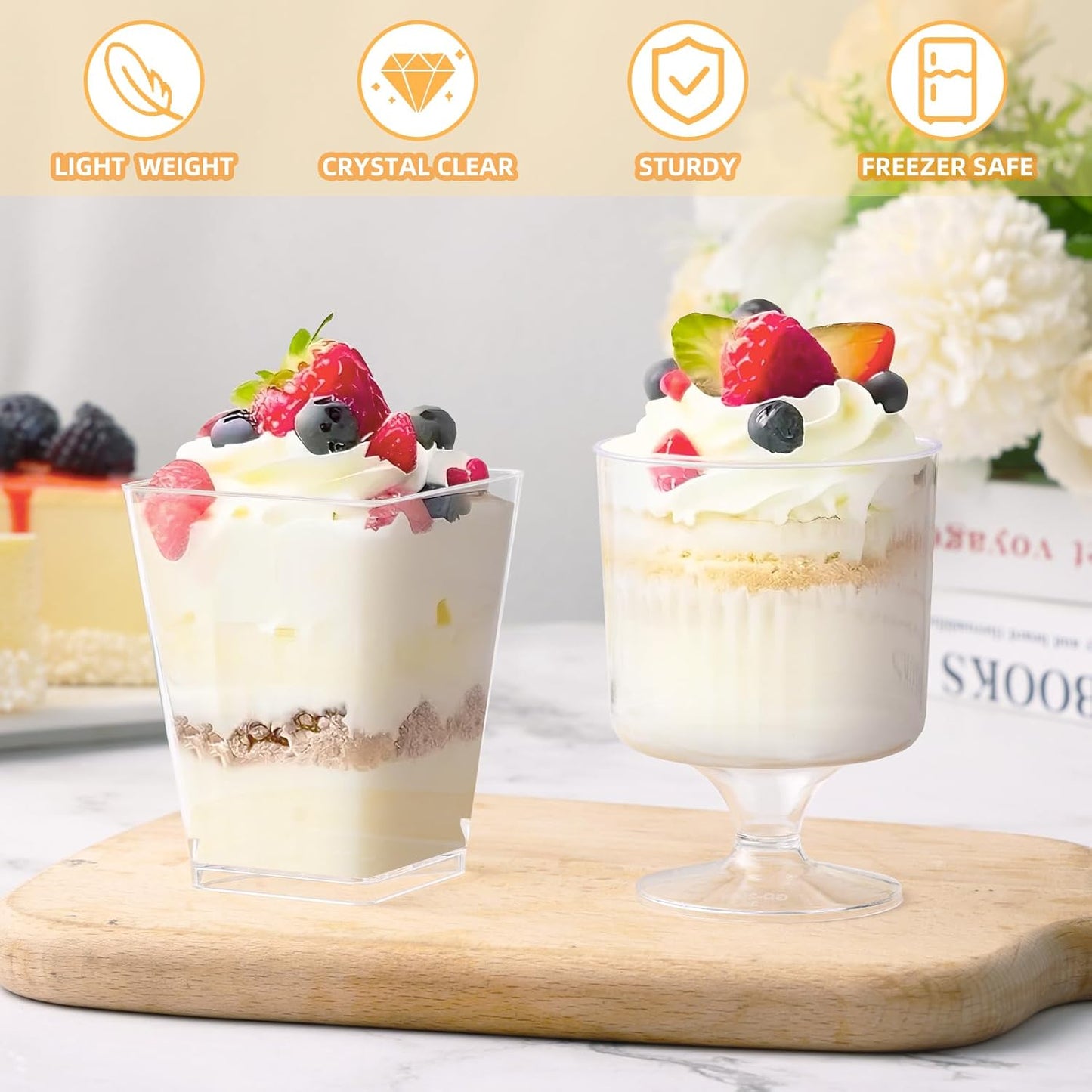 200 Pcs Dessert Cups with Spoons - 5 OZ Mini Clear Plastic Dessert Parfait Cups - Square Shooter Cup Round Goblet for Party Appetizer Fruit Pudding Ice Cream Cake