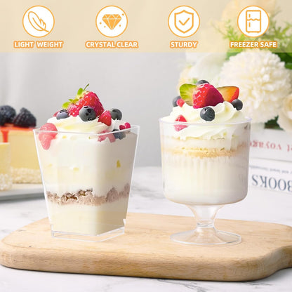 200 Pcs Dessert Cups with Spoons - 5 OZ Mini Clear Plastic Dessert Parfait Cups - Square Shooter Cup Round Goblet for Party Appetizer Fruit Pudding Ice Cream Cake